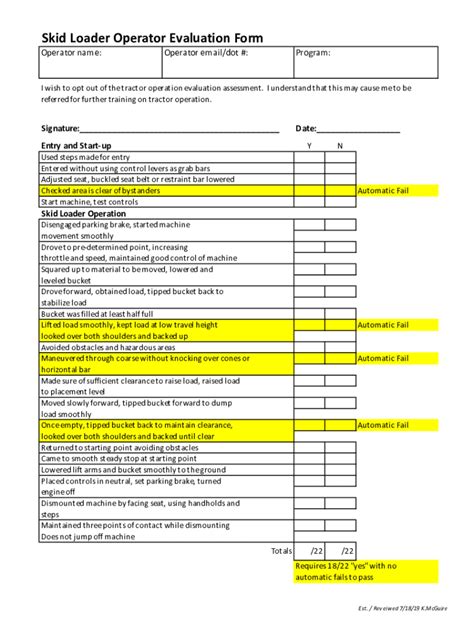 Skid steer Operator Evaluation Form